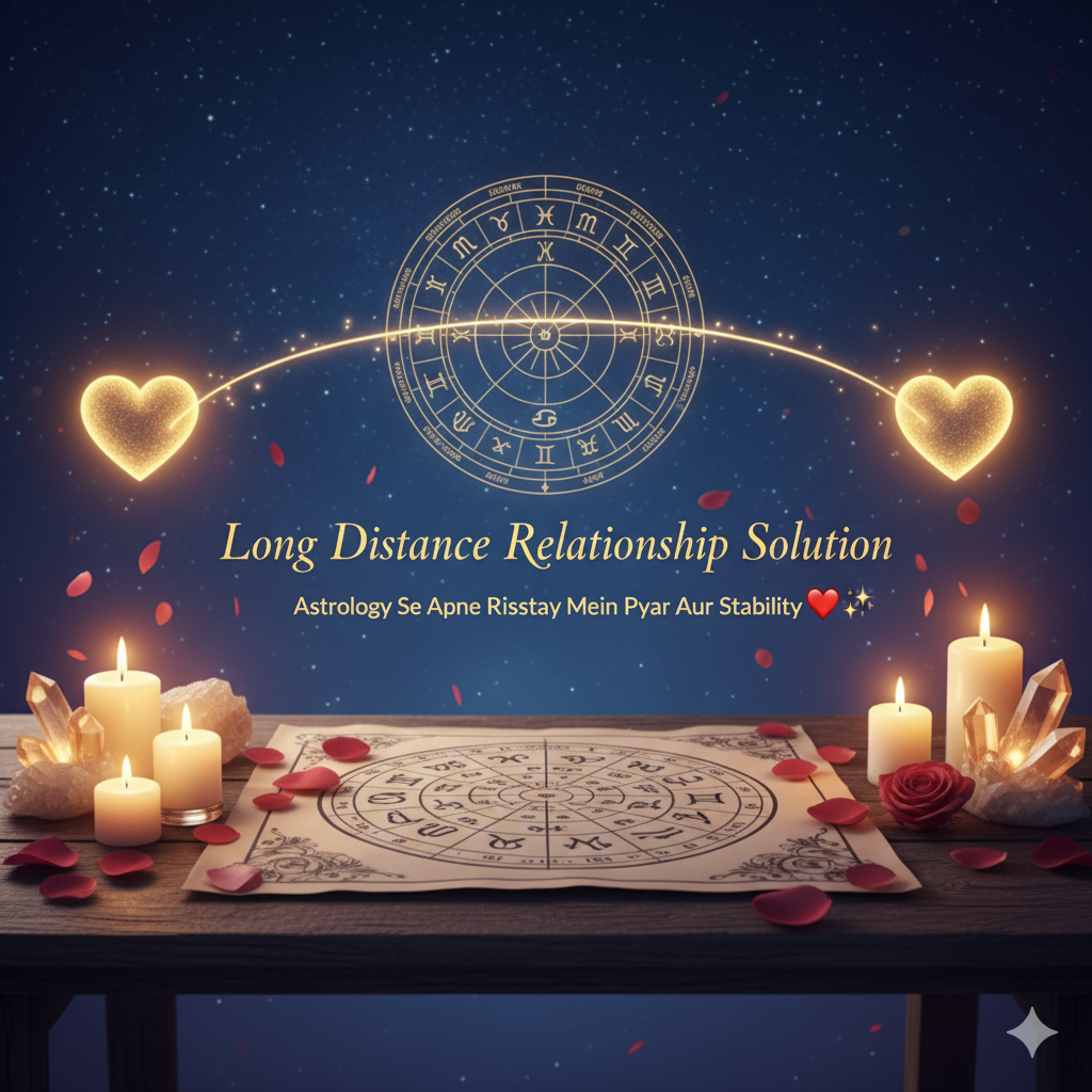 Astrology-based long distance relationship solution with zodiac wheel, glowing hearts, and romantic celestial theme.